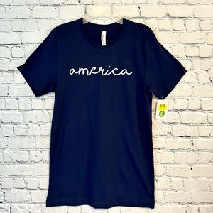 NWT Womens Navy Blue “america” Cursive t-shirt- small